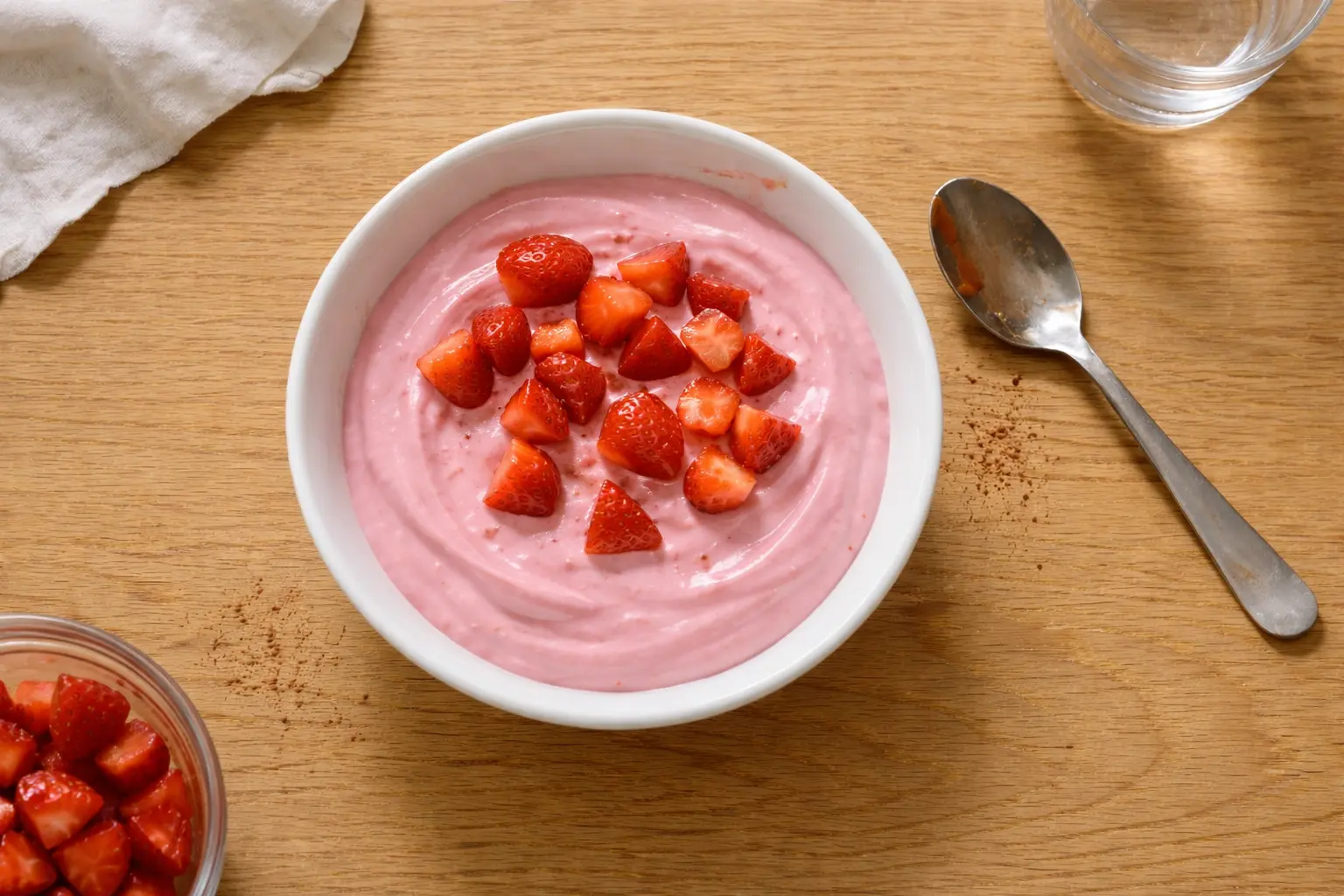 Cremiger Erdbeerpudding mit frischen Erdbeerstücken in einer weißen Schüssel