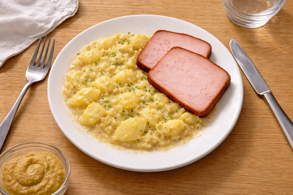 Kartoffelstampf mit zwei Scheiben gebratenem Fleischkäse auf einem weißen Teller