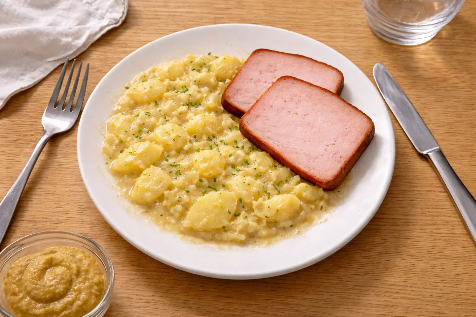 Kartoffelsalat mit zwei Scheiben gebratenem Fleischkäse auf einem weißen Teller