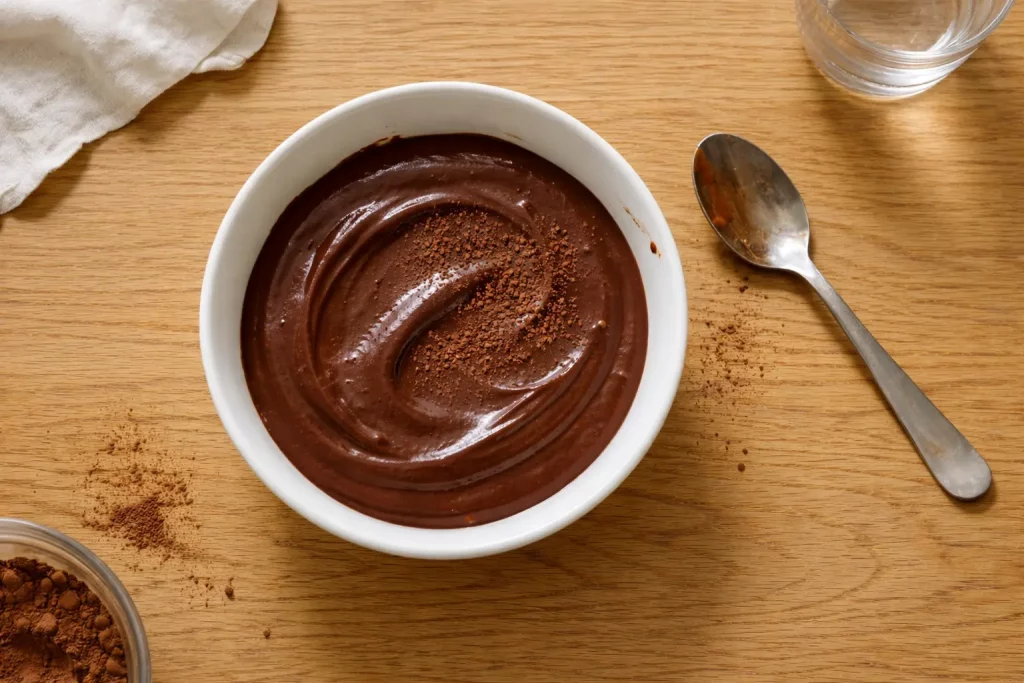 Cremiger Schokoladenpudding in einer weißen Schüssel, bestreut mit Kakaopulver