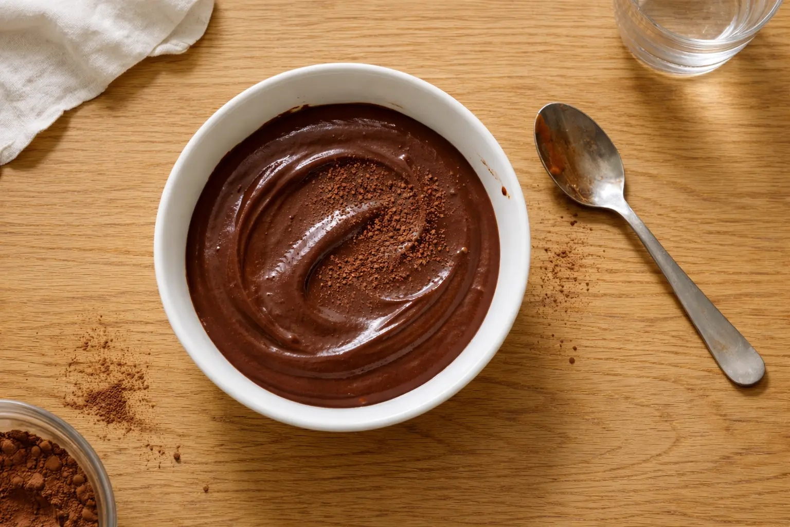 Cremiger Schokoladenpudding in einer weißen Schüssel, bestreut mit Kakaopulver