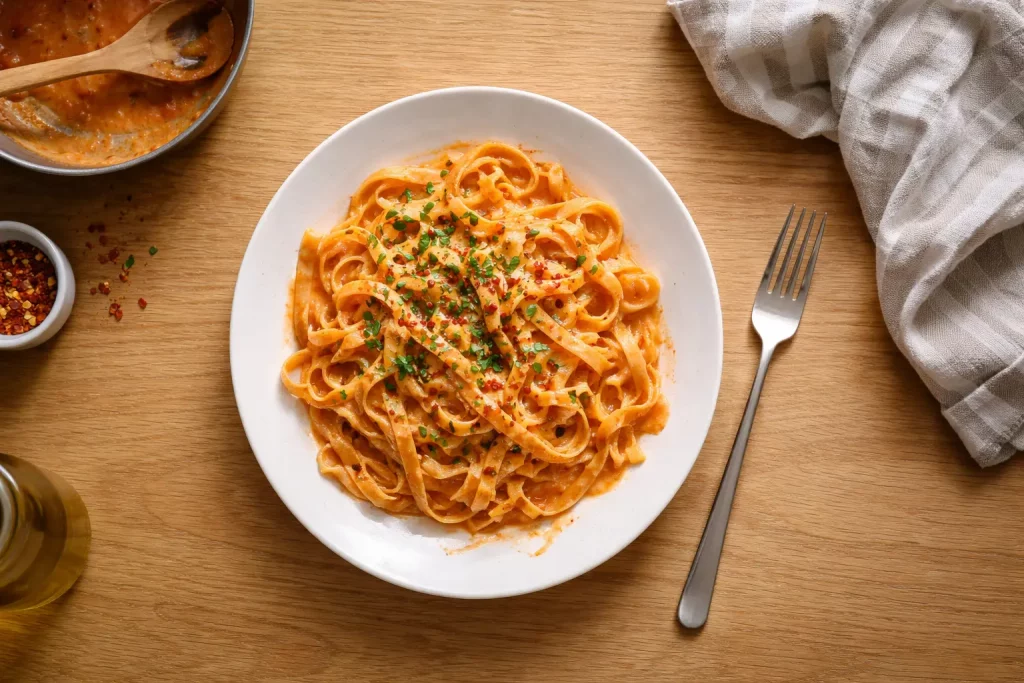 Bandnudeln in cremiger Tomatensauce mit Kräutern auf einem weißen Teller