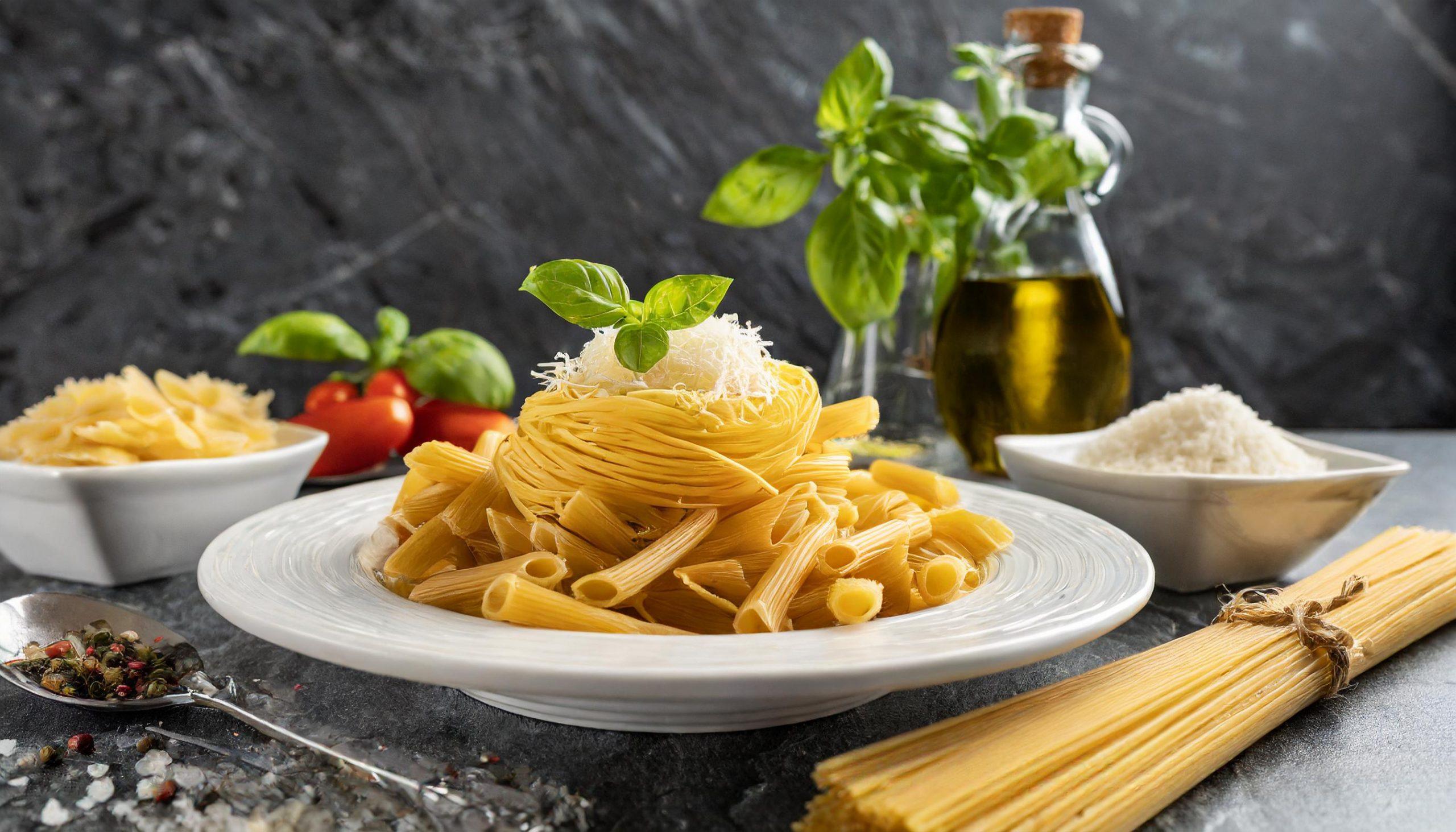 Ein Teller mit verschiedenen ungekochten Nudelsorten, gekrönt mit geriebenem Parmesan und einem Basilikumblatt, steht auf einem weißen Granittisch. Im Hintergrund sind eine Flasche Olivenöl, ein Schälchen geriebener Käse, frische Basilikumblätter und einige Tomaten zu sehen. Eine Schale mit Farfalle-Nudeln und ein Bündel Spaghetti liegen ebenfalls auf dem Tisch. Alles ist vor einem dunklen, strukturierten Hintergrund arrangiert.