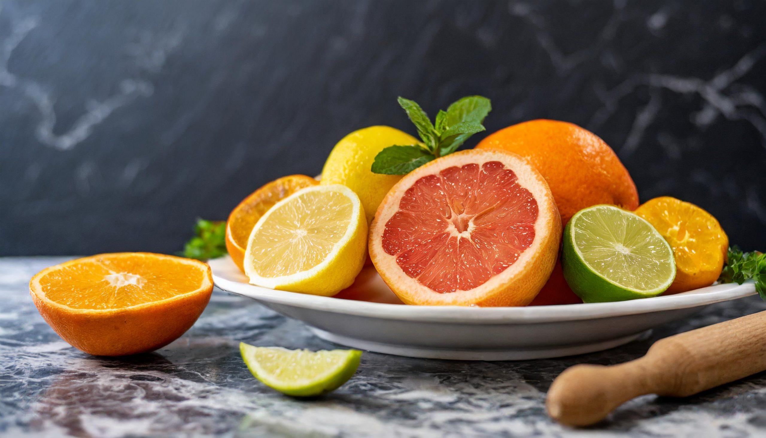 Ein Teller voller halbierter Zitrusfrüchte, darunter Grapefruit, Zitrone, Limette und Orange, arrangiert auf einem weißen Granittisch. Eine halbe Orange und ein Limettenstück liegen vor dem Teller. Ein frisches Minzblatt und einige Petersilienblätter dekorieren den Teller, während ein hölzernes Küchenwerkzeug am Rand sichtbar ist. Alles ist vor einem dunklen, strukturierten Hintergrund präsentiert.