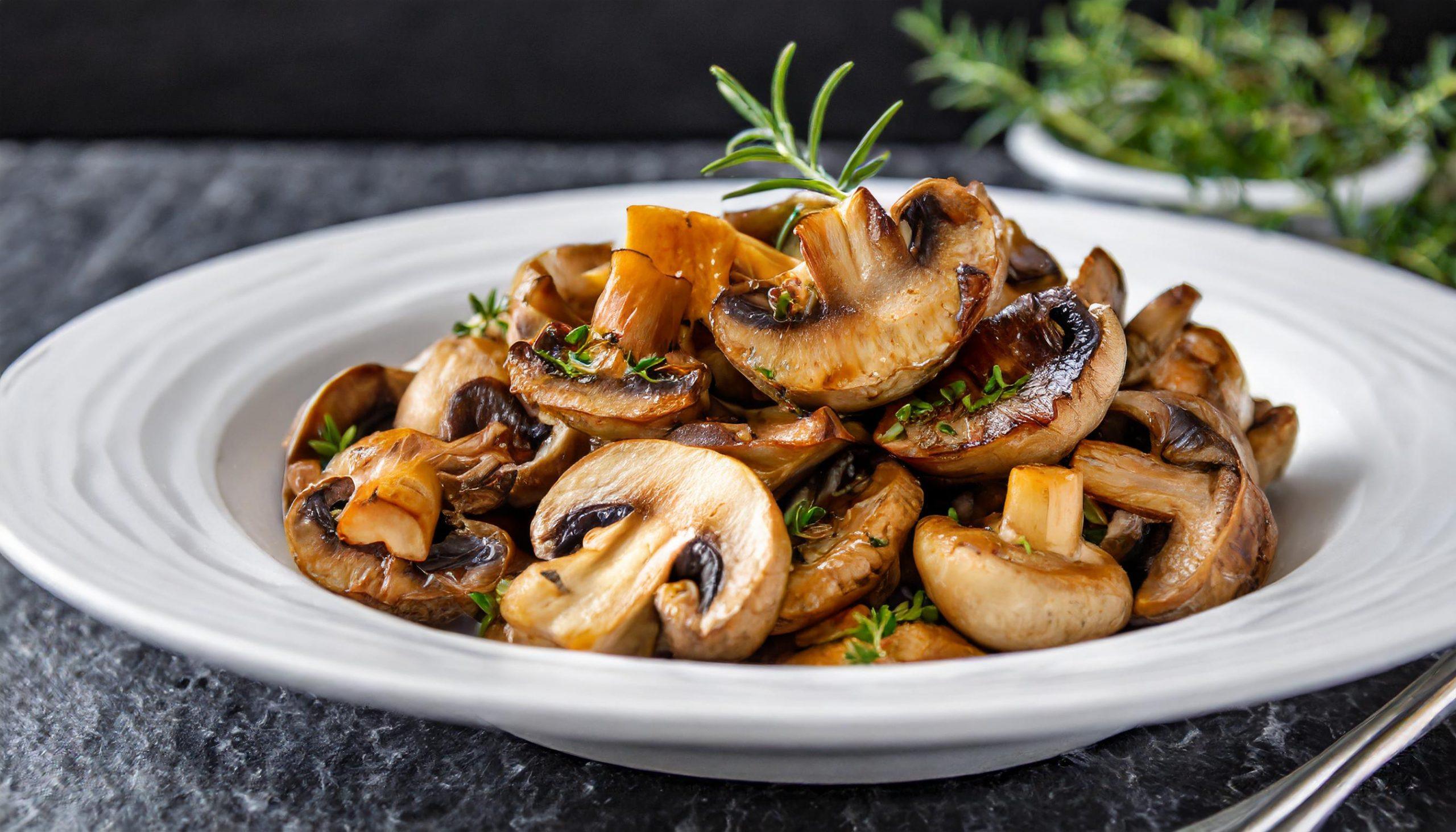 Ein Teller mit sautierten Champignons, garniert mit frischen Kräutern wie Rosmarin und Thymian, steht auf einem weißen Granittisch. Die goldbraunen Pilze sind appetitlich angerichtet und vor einem dunklen, strukturierten Hintergrund präsentiert. Im Hintergrund sind unscharf weitere Kräuterzweige zu erkennen.