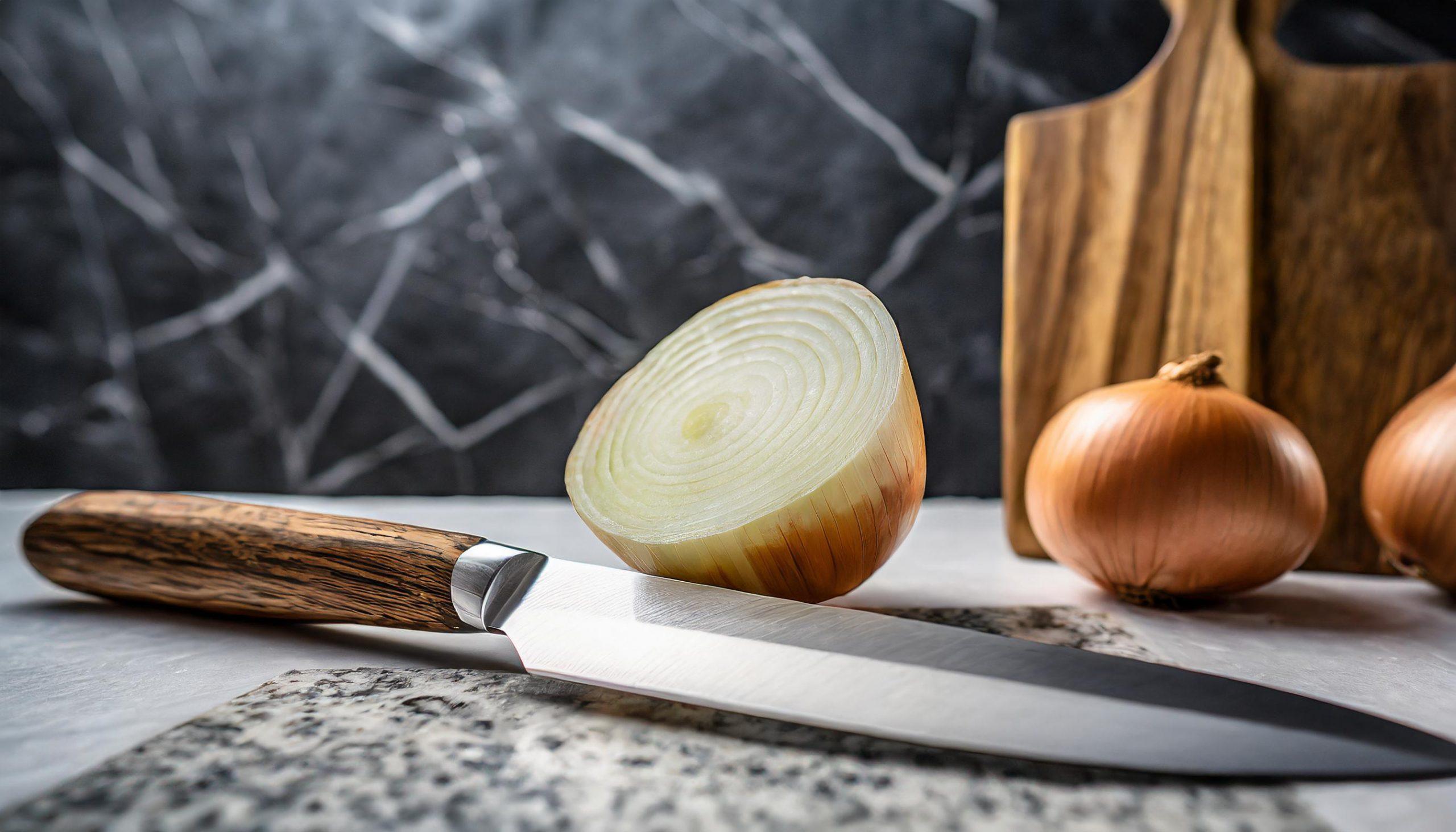 Ein scharfes Küchenmesser mit Holzgriff liegt auf einem weißen Granittisch neben einer halbierten Zwiebel. Im Hintergrund stehen zwei ganze Zwiebeln und ein hölzernes Schneidebrett. Die Szene ist vor einem dunklen, strukturierten Hintergrund arrangiert, der einen Kontrast zu den natürlichen Holz- und Zwiebeltexturen bildet.