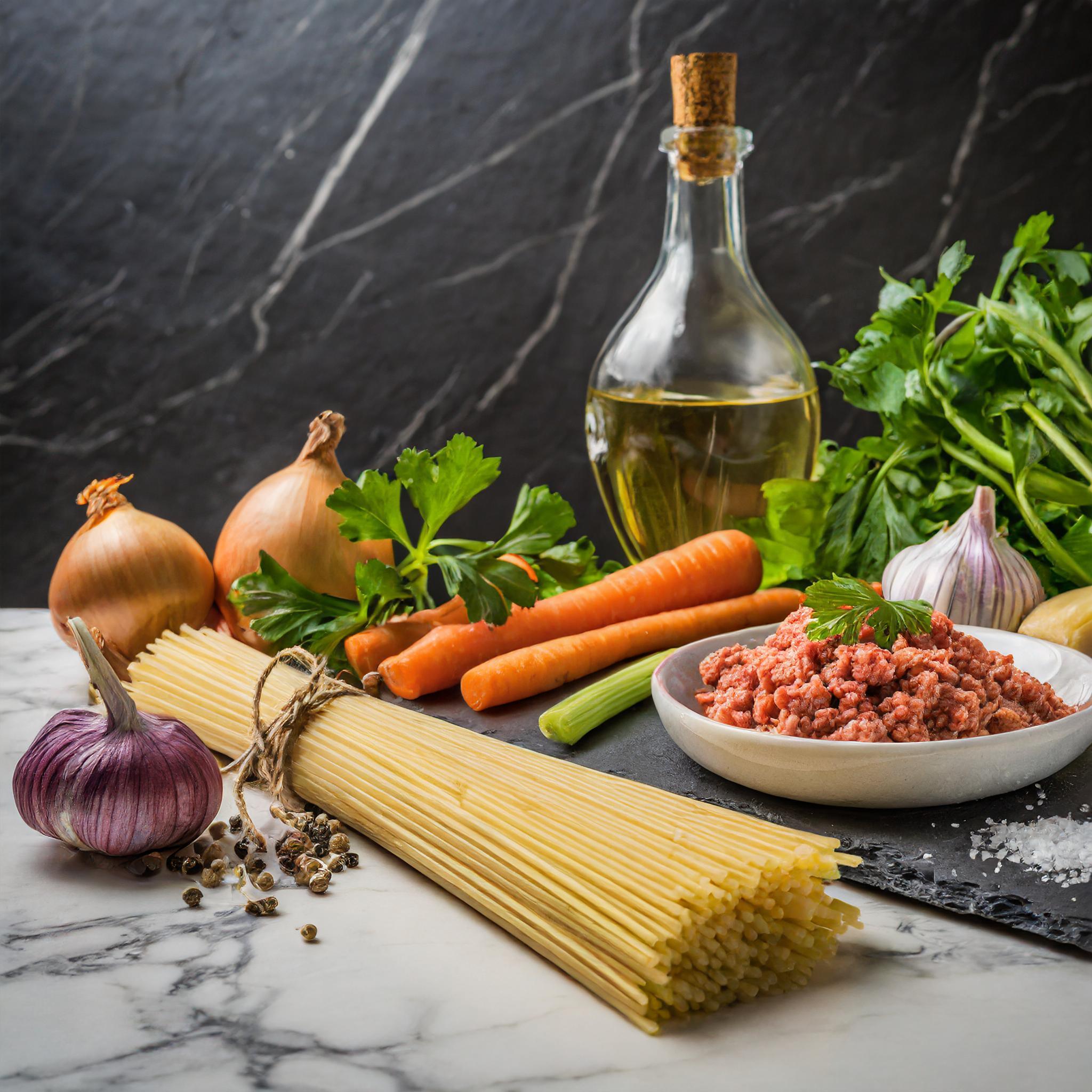 Eine Kochszene mit frischen Zutaten: Lange, ungekochte Spaghetti, ein Bündel Möhren, Zwiebeln, Knoblauch, Petersilie und eine Schale mit rohem Hackfleisch sind auf einem Marmoruntergrund arrangiert. Im Hintergrund steht eine Flasche Olivenöl. Die Zutaten sind sorgfältig platziert und bereiten den Betrachter auf die Zubereitung eines köstlichen Gerichts vor.
