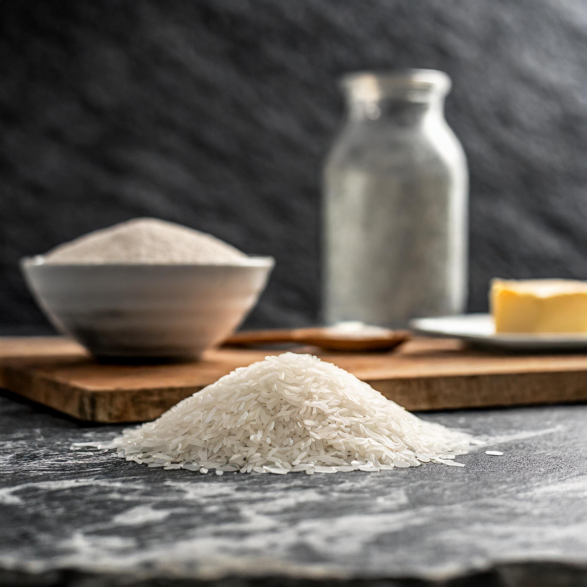 Ein Haufen roher weißer Reis auf einer rustikalen weißen Granitplatte. Im Hintergrund stehen eine Schüssel mit Mehl, ein Holzlöffel, ein Krug Milch und ein Stück Butter auf einem Schneidebrett. Die Szene ist vor einer dunkelgrauen, strukturierten Schieferwand arrangiert.