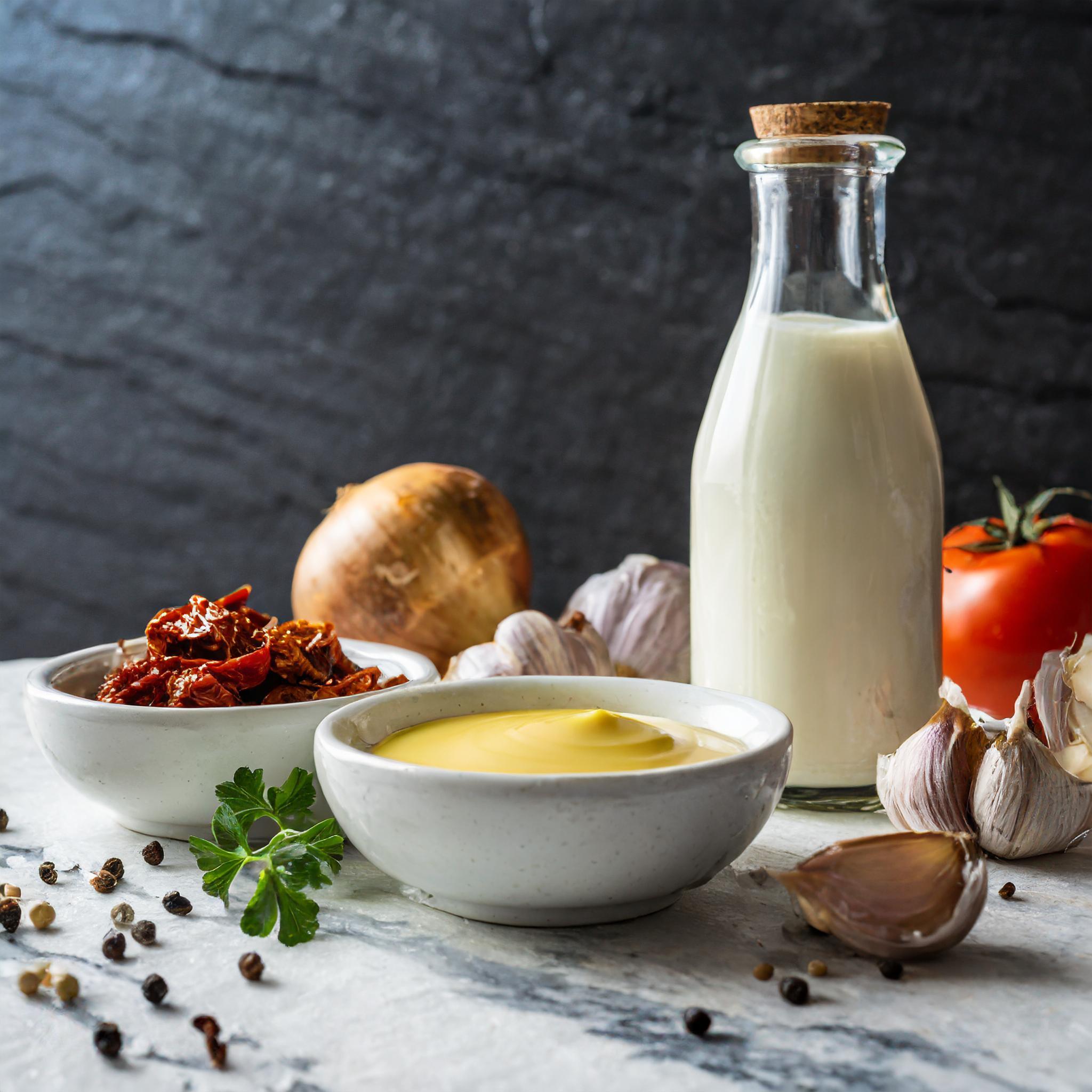Ein rustikaler weißer Granittisch mit einer Auswahl an Zutaten: Im Vordergrund stehen Schalen mit gelber Senfsauce und getrockneten Tomaten. Daneben liegen Pfefferkörner und ein frisches Petersilienblatt. Im Hintergrund sind eine Flasche Milch mit Korkverschluss, eine Zwiebel, Knoblauchzehen und eine Tomate zu sehen. Die Szene ist vor einem dunklen Schieferhintergrund arrangiert und vermittelt den Eindruck einer sorgfältigen Kochvorbereitung.