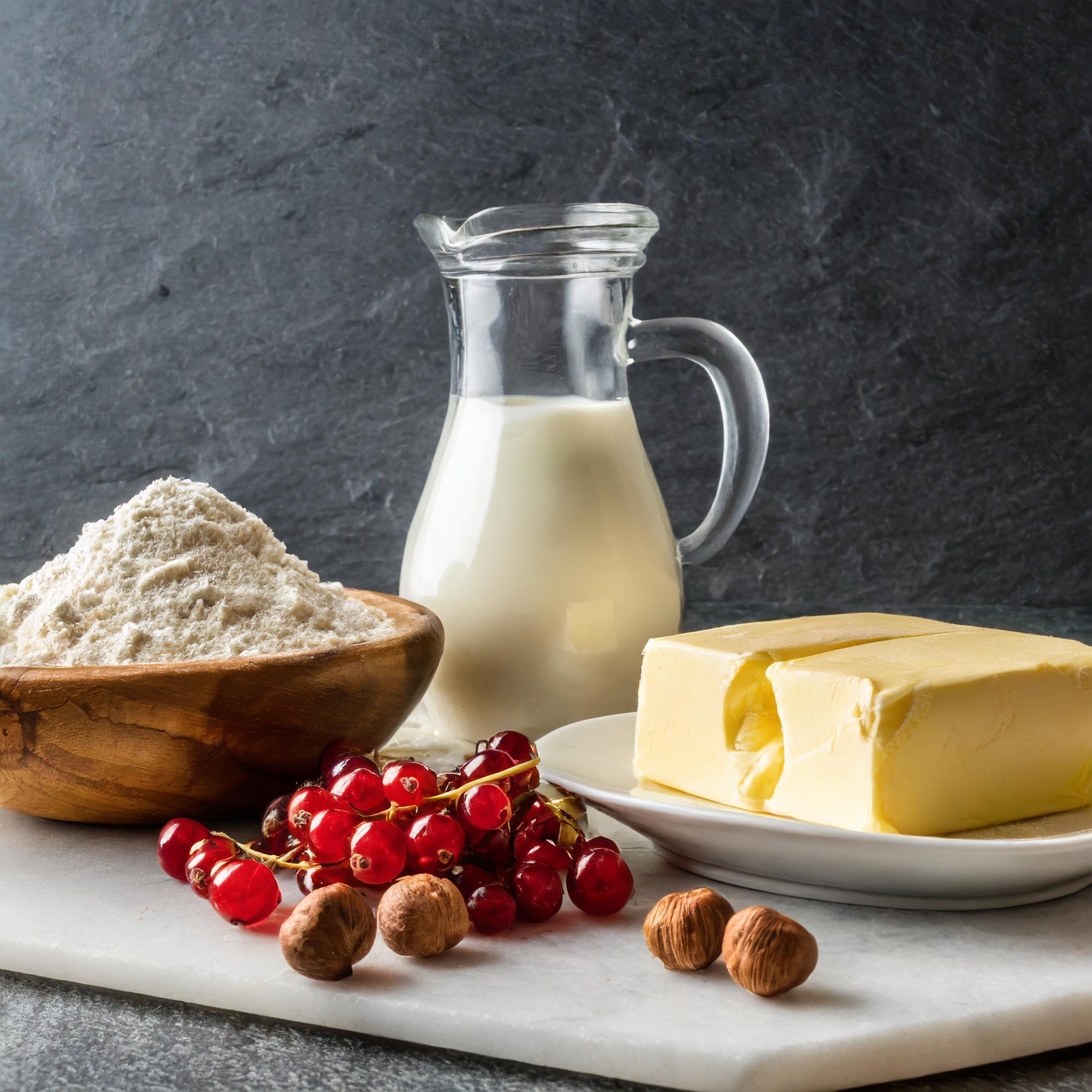 Eine Holzschüssel mit Mehl, ein Krug Milch, ein Stück Butter, rote Johannisbeeren und Haselnüsse auf einem weißen Marmorbrett.