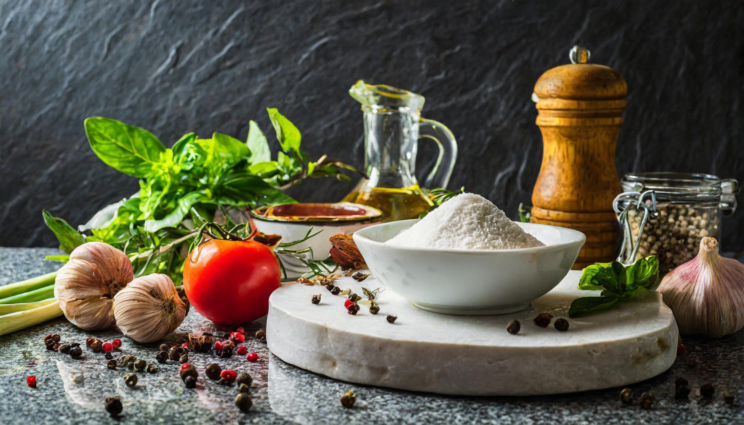 Eine Vielzahl von frischen Zutaten und Gewürzen ist auf einem weißen Granittisch arrangiert. Zu sehen sind eine Schüssel mit Mehl, eine rote Tomate, Knoblauchknollen, frische Basilikumblätter, eine Flasche Olivenöl, eine hölzerne Pfeffermühle und ein Glas mit weißen Pfefferkörnern. Im Vordergrund liegen verstreute Pfefferkörner und Kräuter. Alles ist vor einem dunklen, strukturierten Hintergrund präsentiert.
