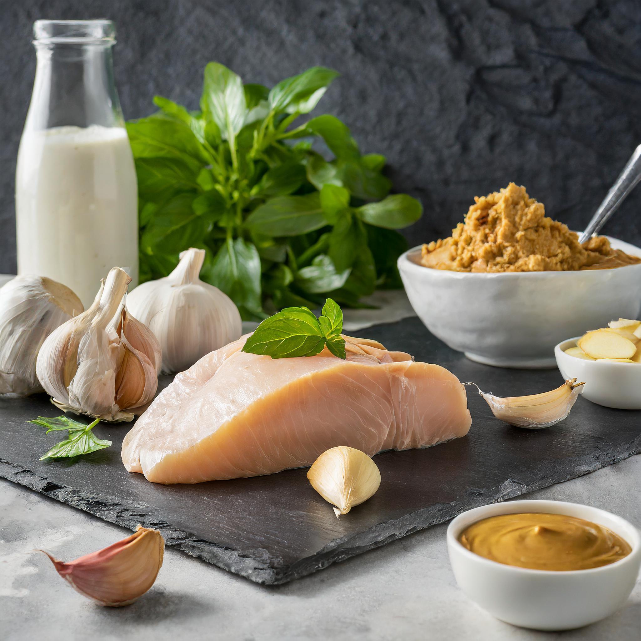 Ein Arrangement von frischen Zutaten auf einem schwarzen Schieferbrett. Ein rohes Hähnchenbrustfilet, garniert mit einem Basilikumblatt, liegt im Mittelpunkt. Umgeben ist es von Knoblauchknollen, einer Schale Erdnusspaste, frischen Ingwerscheiben und einer Schale mit Erdnusssauce. Im Hintergrund stehen eine Flasche Kokosmilch und ein Bündel frischer Basilikumblätter. Alles ist vor einem dunklen, strukturierten Hintergrund arrangiert.