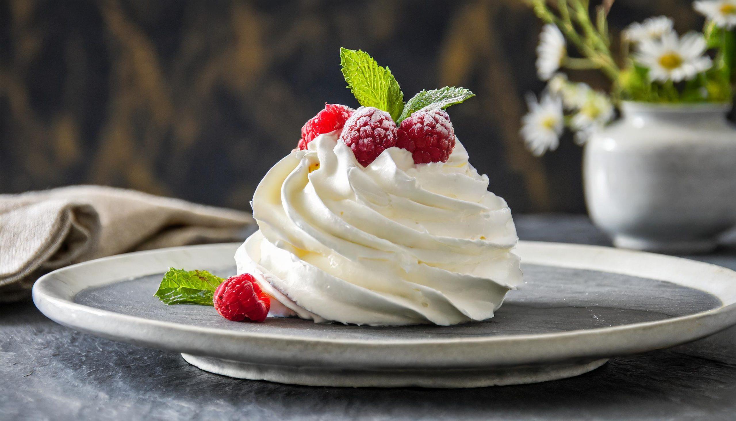 Ein elegantes Dessert aus Sahne, dekoriert mit frischen Himbeeren und Minzblättern, bestäubt mit Puderzucker. Das Dessert ist auf einem grauen Teller arrangiert, der auf einem dunklen, strukturierten Tisch steht. Im Hintergrund sind unscharf eine Vase mit weißen Blumen und ein beiges Leinentuch zu sehen.