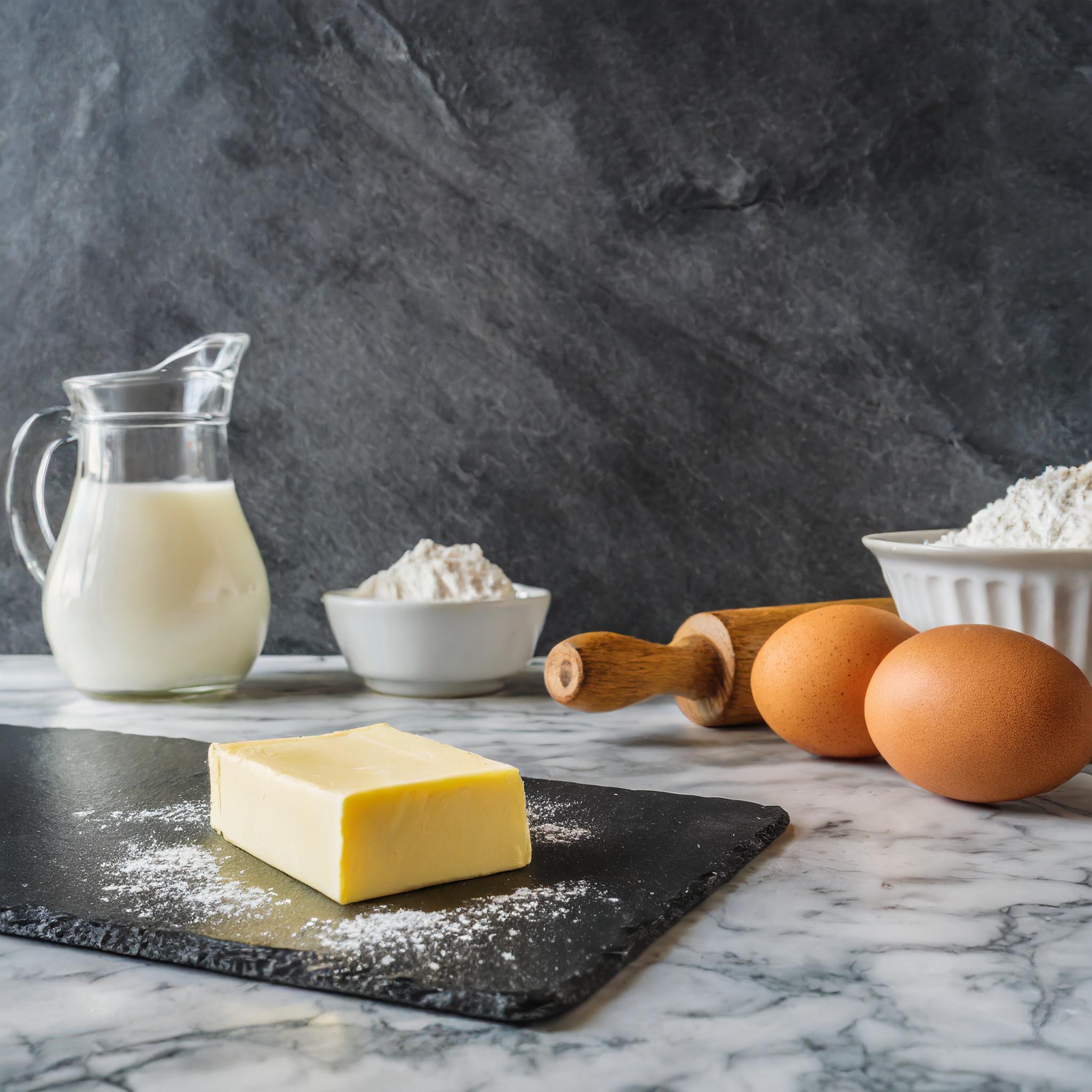 Eine rustikale weiße Granitplatte, dekoriert mit einem Stück Butter auf einem schwarzen Schieferbrett, flankiert von zwei Eiern, einer kleinen Schale Mehl und einem Krug Milch, vor einem dunkelgrauen, strukturierten Schieferhintergrund.