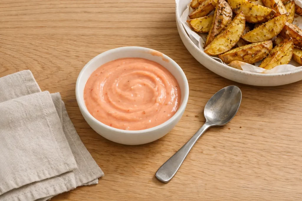 Aioli Dip in einer Schüssel mit Kartoffelspalten im Hintergrund