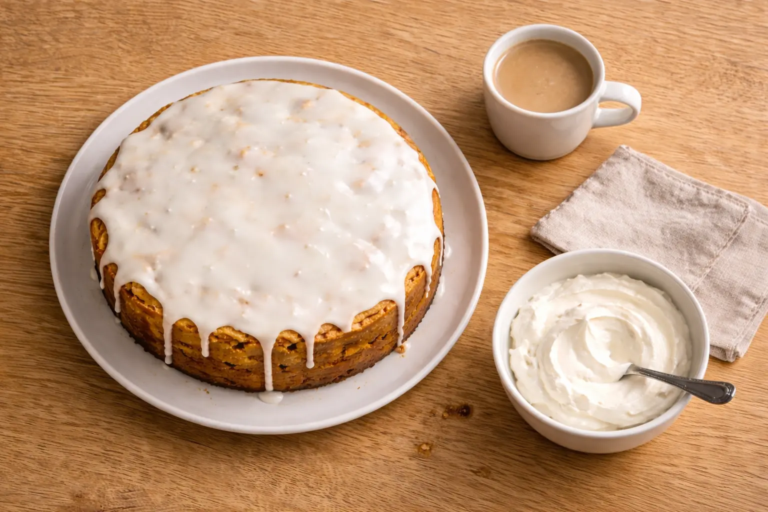 Gedeckter Apfelkuchen mit Zuckerguss auf einem Teller, daneben Sahne und eine Tasse Kaffee