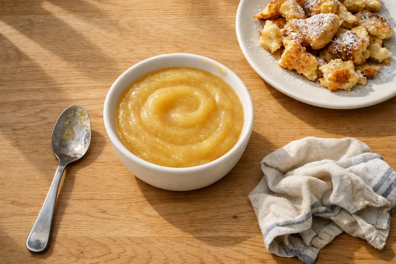 Apfelmus in einer Schüssel mit Kaiserschmarrn im Hintergrund auf einem Holztisch