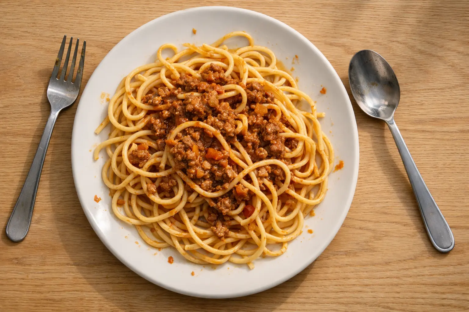 Spaghetti mit Bolognese-Sauce aus Hackfleisch und Tomaten auf einem Teller