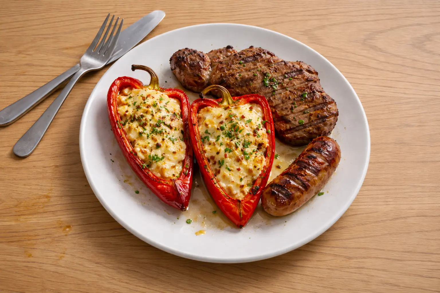 Gegrilltes Steak mit Bratwurst und zwei gefüllten Paprikahälften auf einem weißen Teller