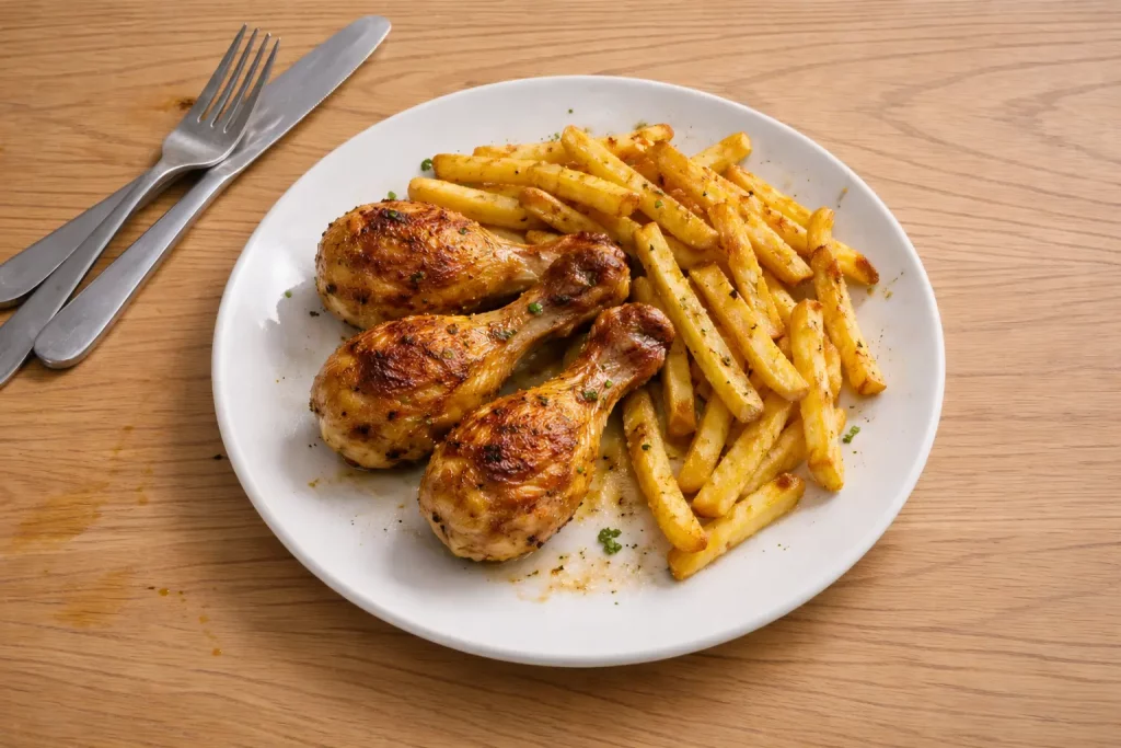 Gebratene Hähnchenkeulen mit Pommes frites auf einem weißen Teller