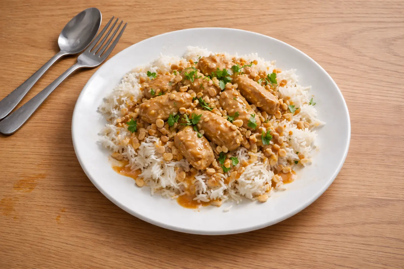 Hähnchen mit Erdnusssauce auf Reis, garniert mit Erdnüssen und Kräutern