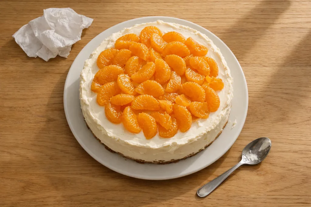 Käsekuchen mit Mandarinen auf einer weißen Cremefüllung auf einem Teller