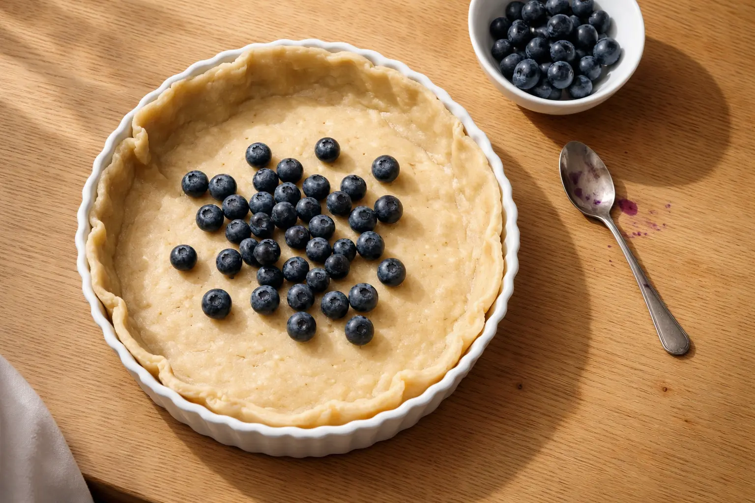 Tarteboden in einer Form mit frischen Blaubeeren in der Mitte auf einem Holztisch