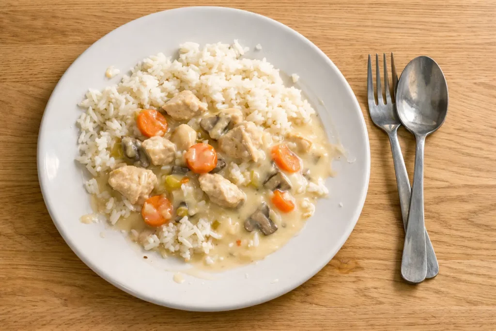 Hähnchengeschnetzeltes in Rahmsauce mit Champignons und Karotten, serviert mit Reis