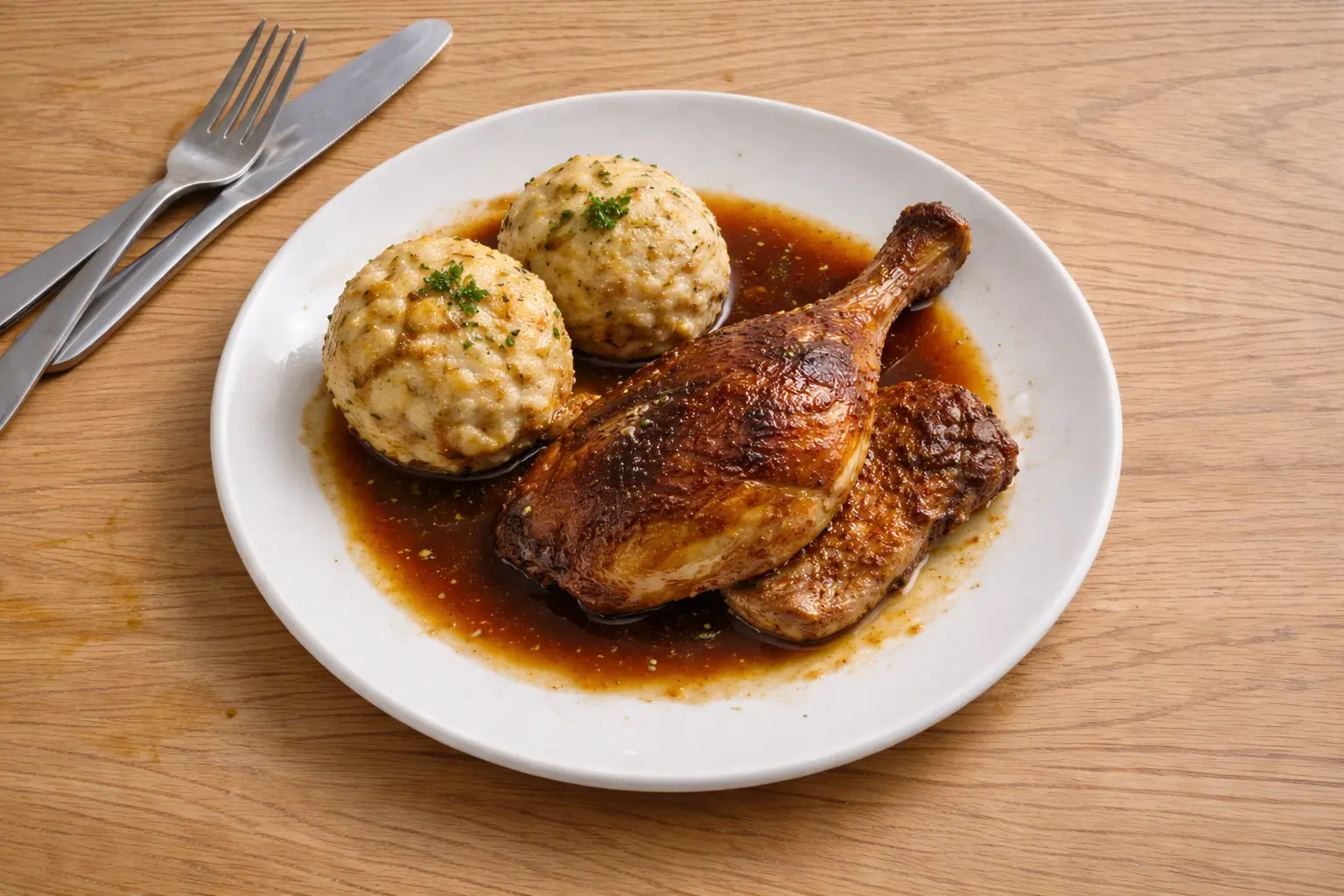 Gebratene Hähnchenkeule mit Bratensauce und Semmelknödeln auf einem Teller