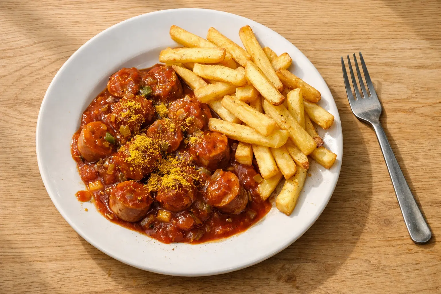 Currywurst mit Pommes und Currysauce auf einem Teller serviert
