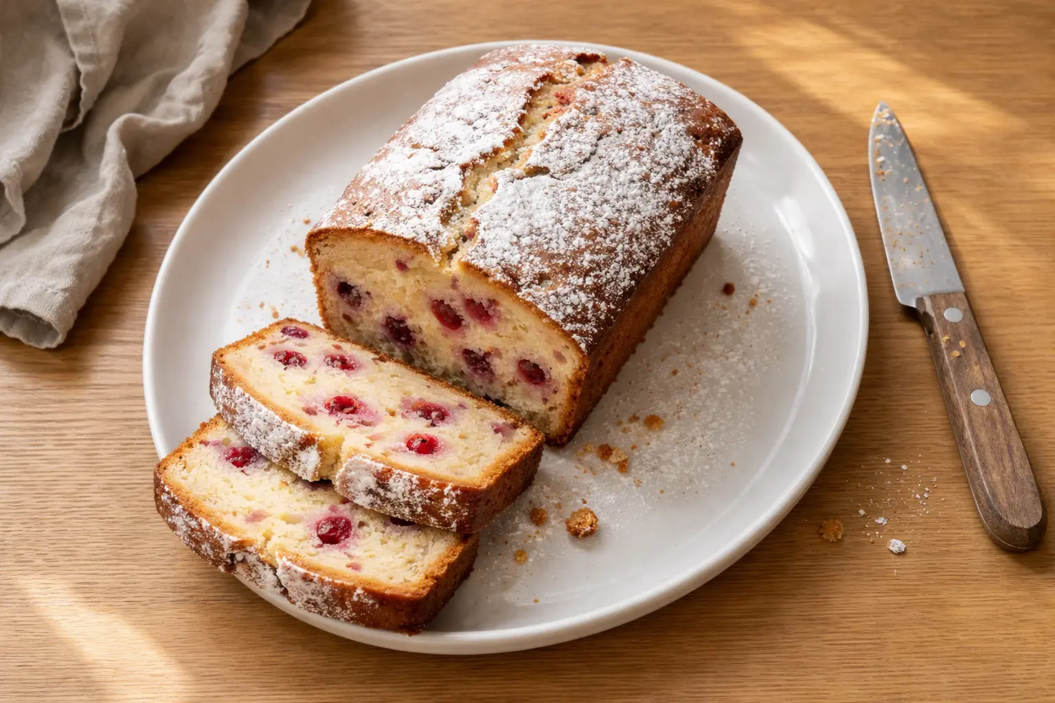 Rührkuchen mit Beeren und Puderzucker in Scheiben auf einem Teller