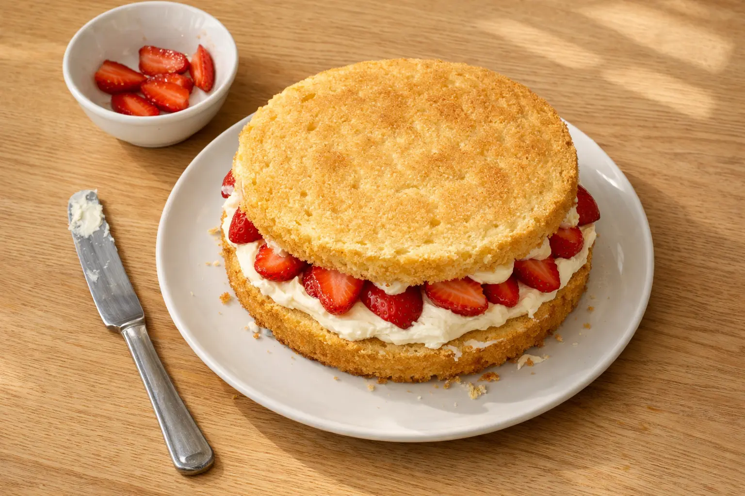 Wiener Tortenboden mit Erdbeeren und Sahnefüllung auf einem Teller
