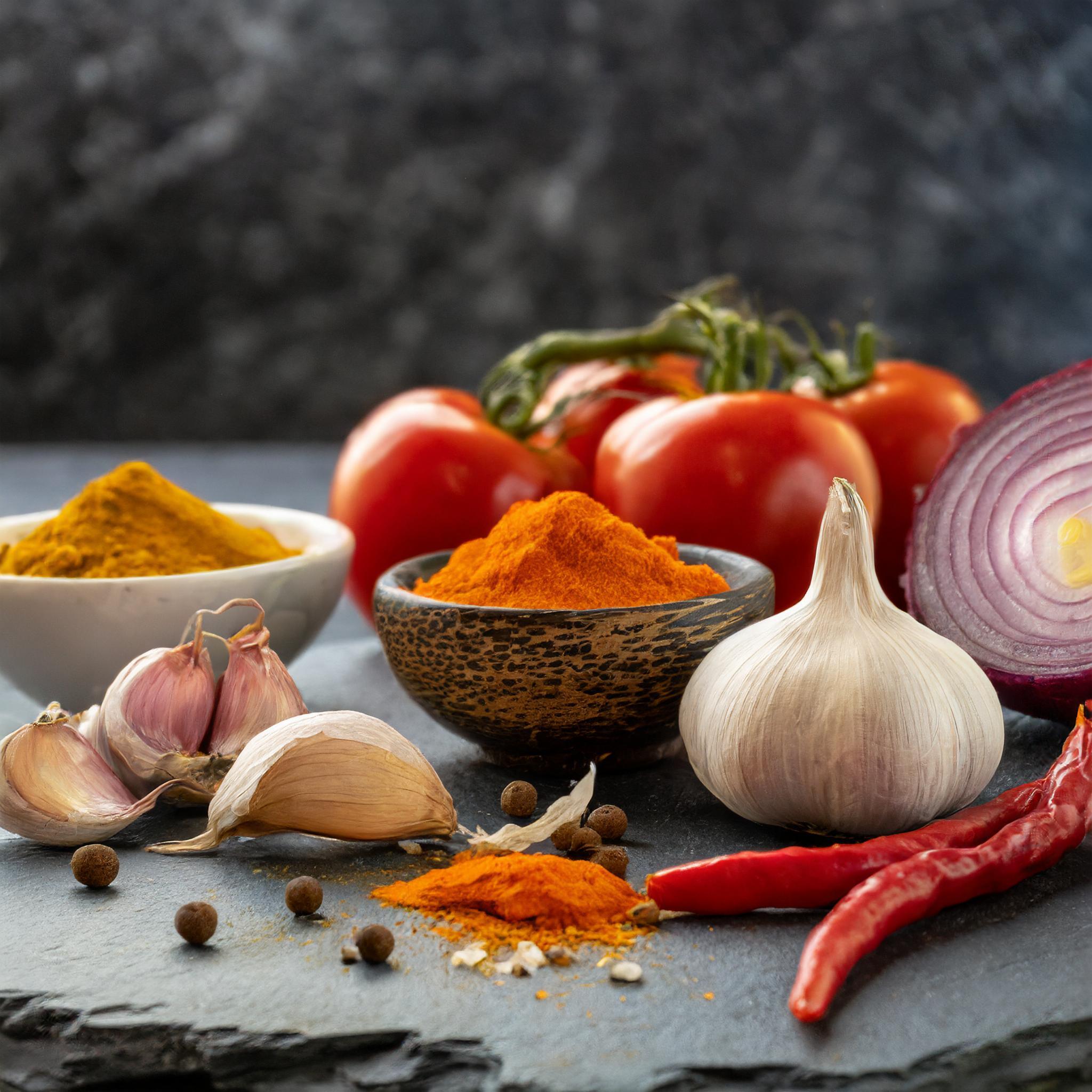 Eine Vielzahl von Gewürzen und frischen Zutaten: Kurkuma, Knoblauch, Zwiebel, Tomaten und rote Chilischoten auf einem schwarzen Stein.