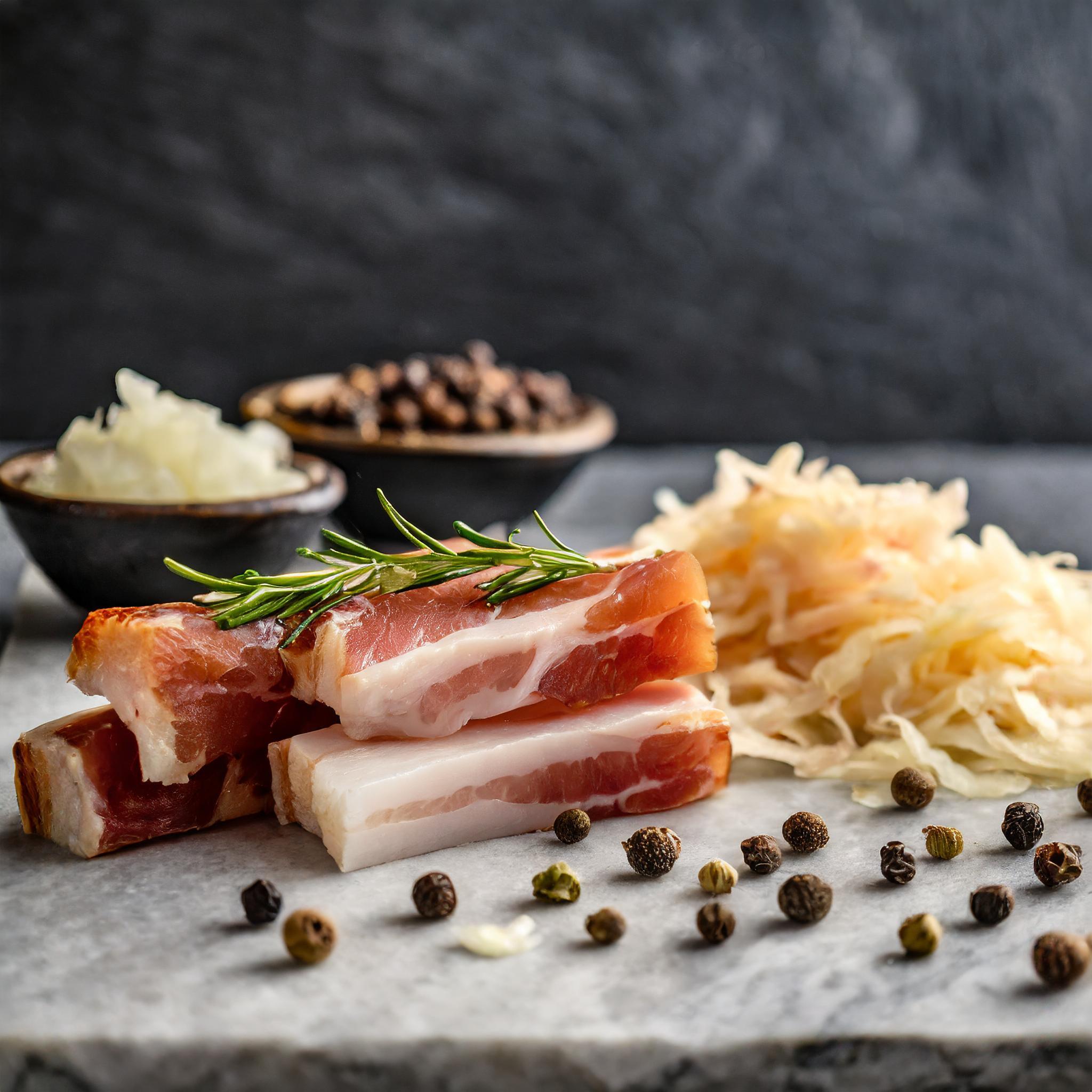 Auf einem Marmorbrett liegen zwei Scheiben Speck mit Rosmarin, umgeben von Sauerkraut und Gewürzen in kleinen Schalen.