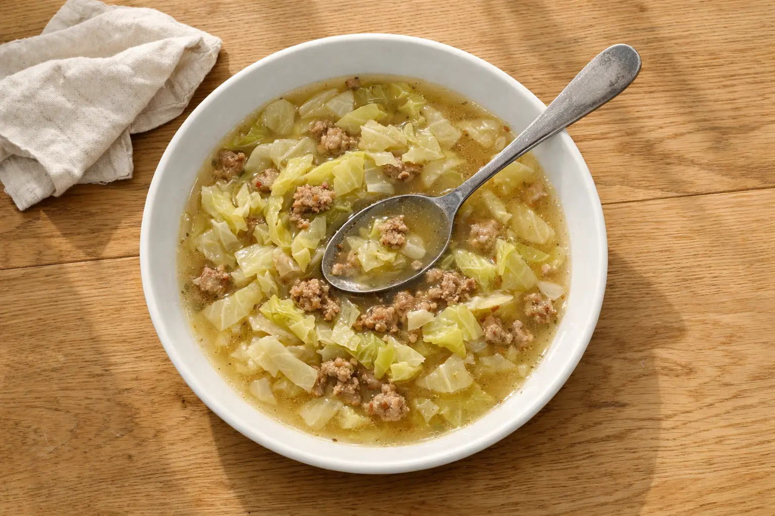 Kohlsuppe mit Hackfleisch in einer Schüssel serviert