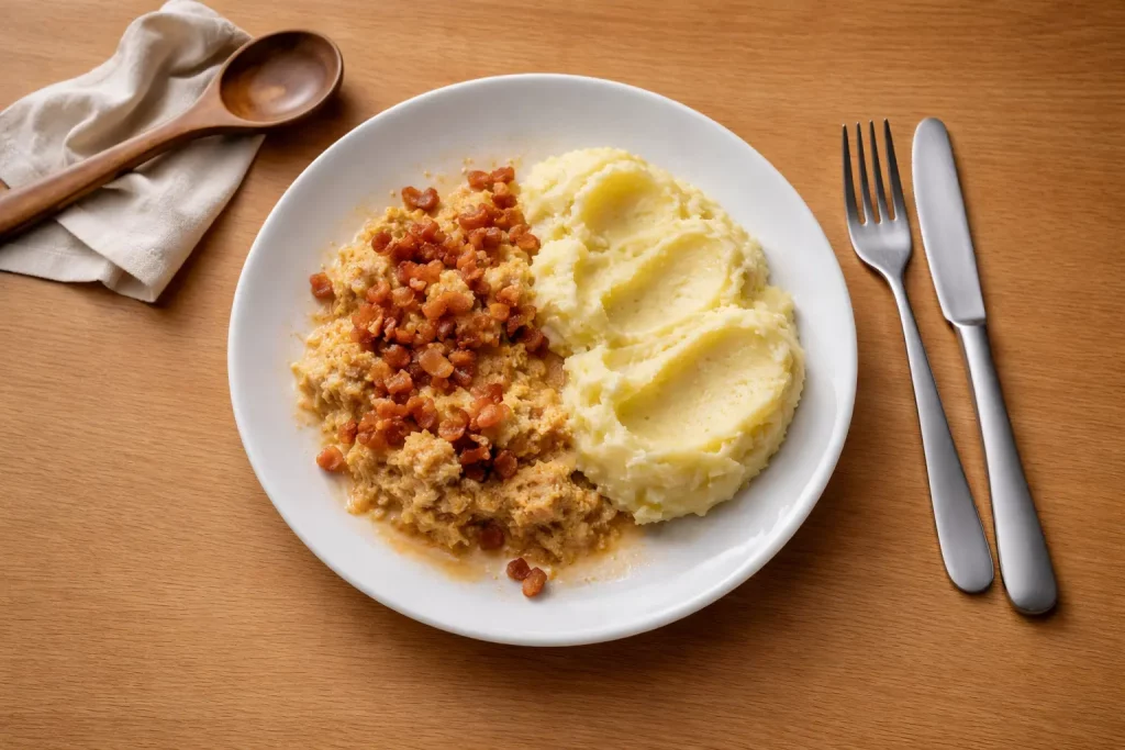 Sauerkraut mit Speck und Kartoffelpüree auf einem Teller serviert