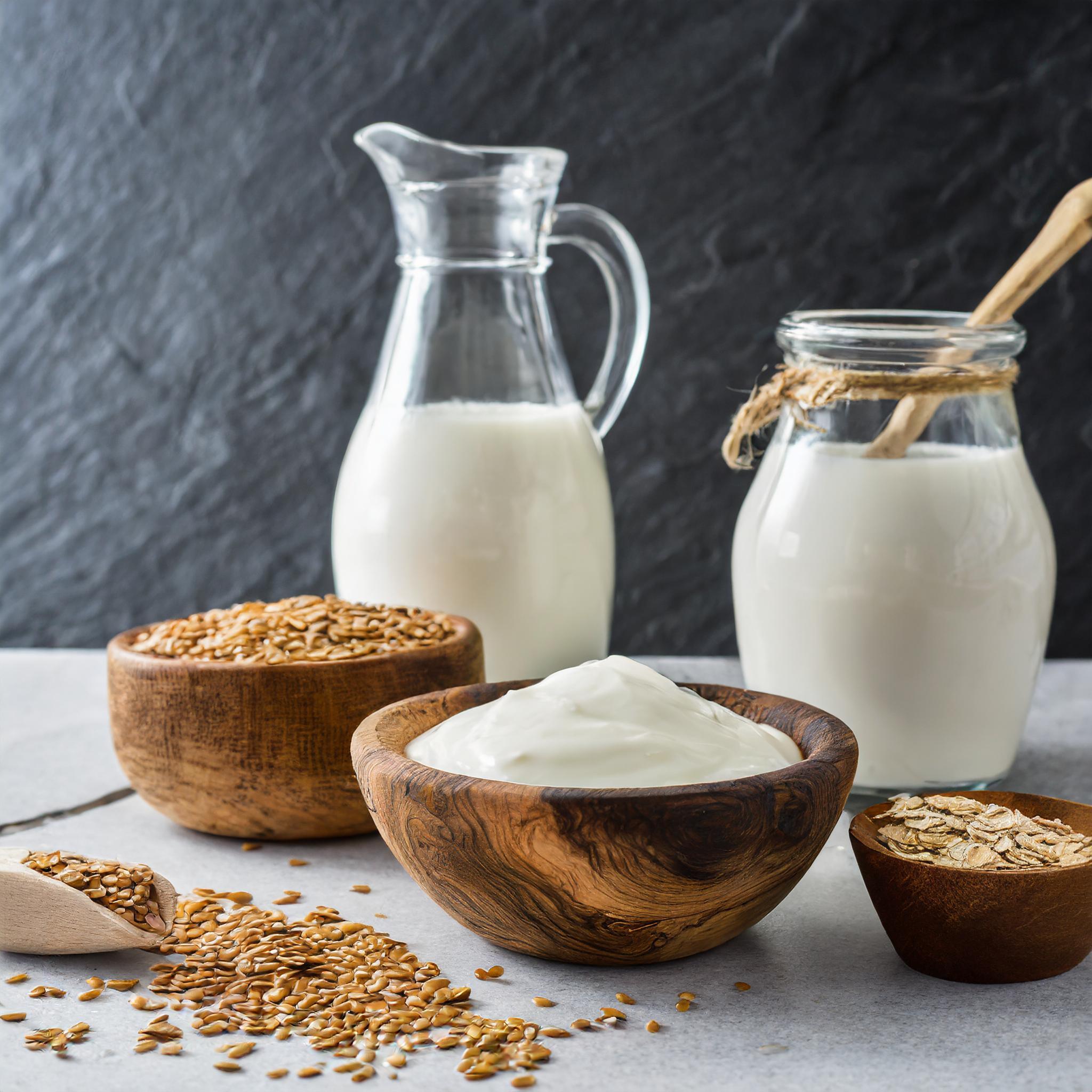 Eine stilvolle Anordnung von Lebensmitteln: Milch, Joghurt, Haferflocken und Leinsamen in Holzschalen auf einem hellen Tisch.