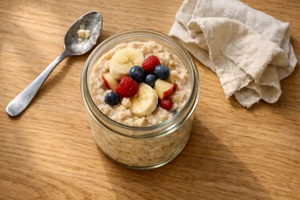 Haferbrei mit Banane, Beeren und Apfelstücken in einem Glas serviert