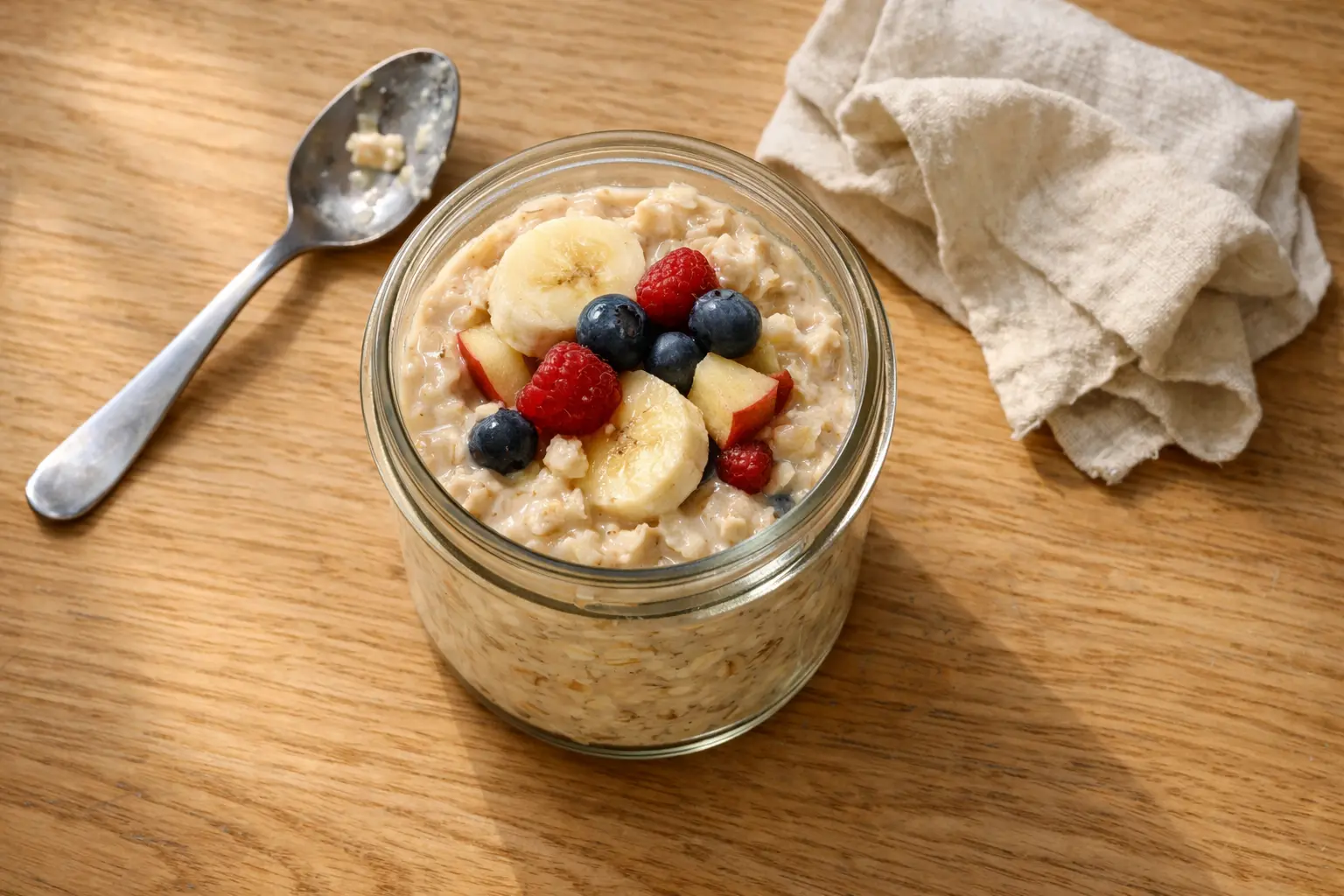 Haferbrei mit Banane, Beeren und Apfelstücken in einem Glas serviert
