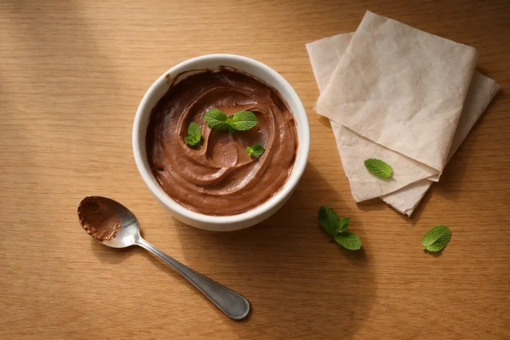 Schokoladenmousse mit frischer Minze in einer Schüssel serviert