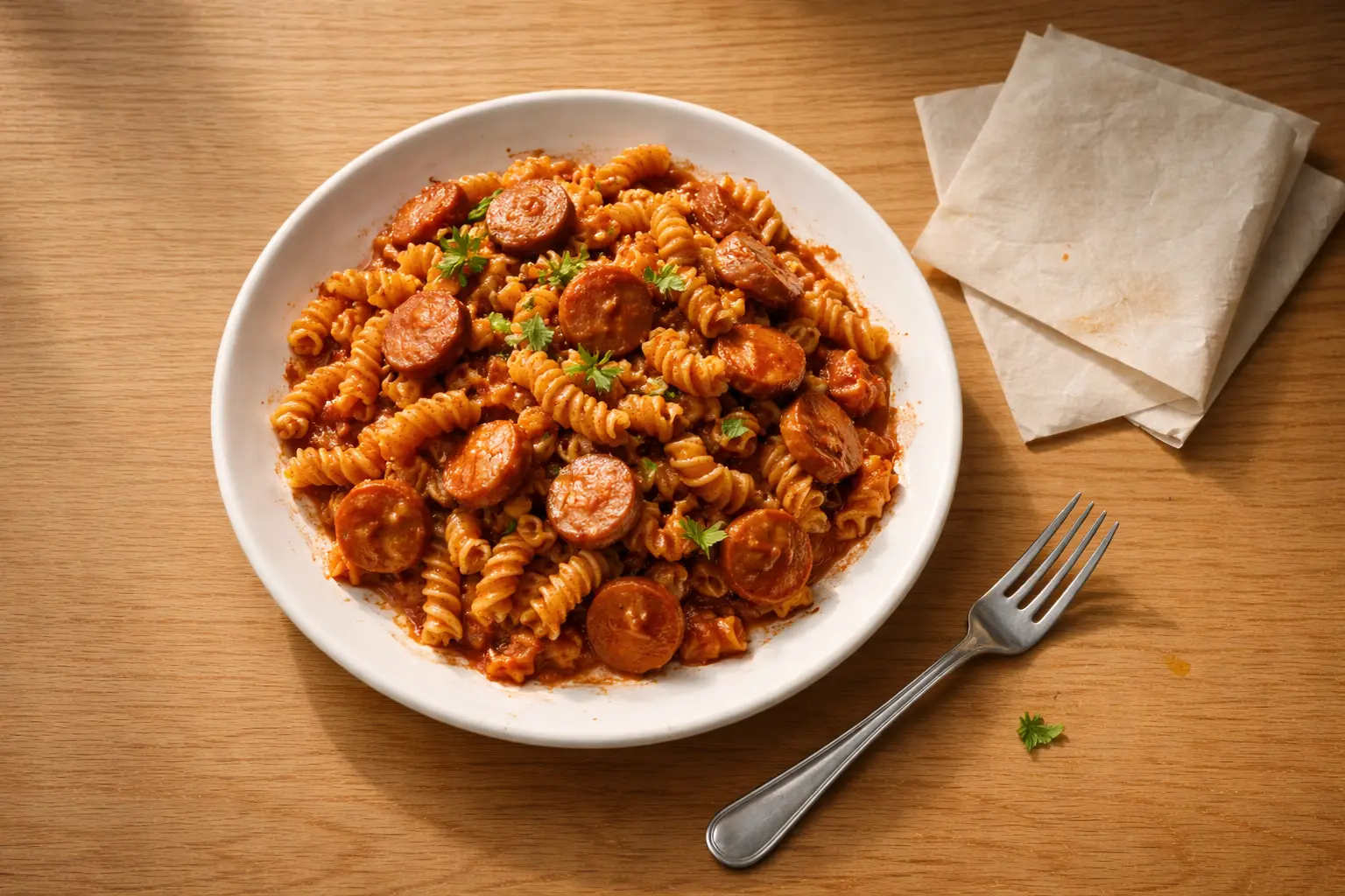 Pasta mit Tomatensauce und Wurstscheiben auf einem Teller serviert