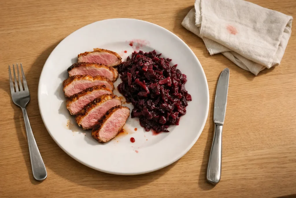 Gebratene Entenbrust mit Rotkohl auf einem Teller serviert
