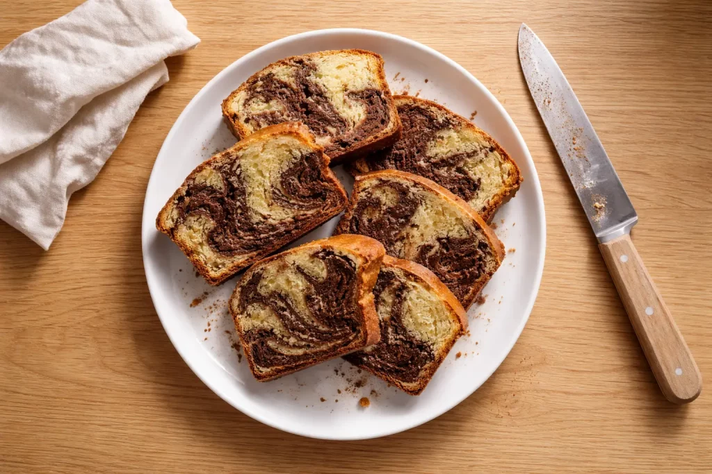 Marmorkuchen in Scheiben mit Schoko-Vanille-Marmorierung auf einem Teller