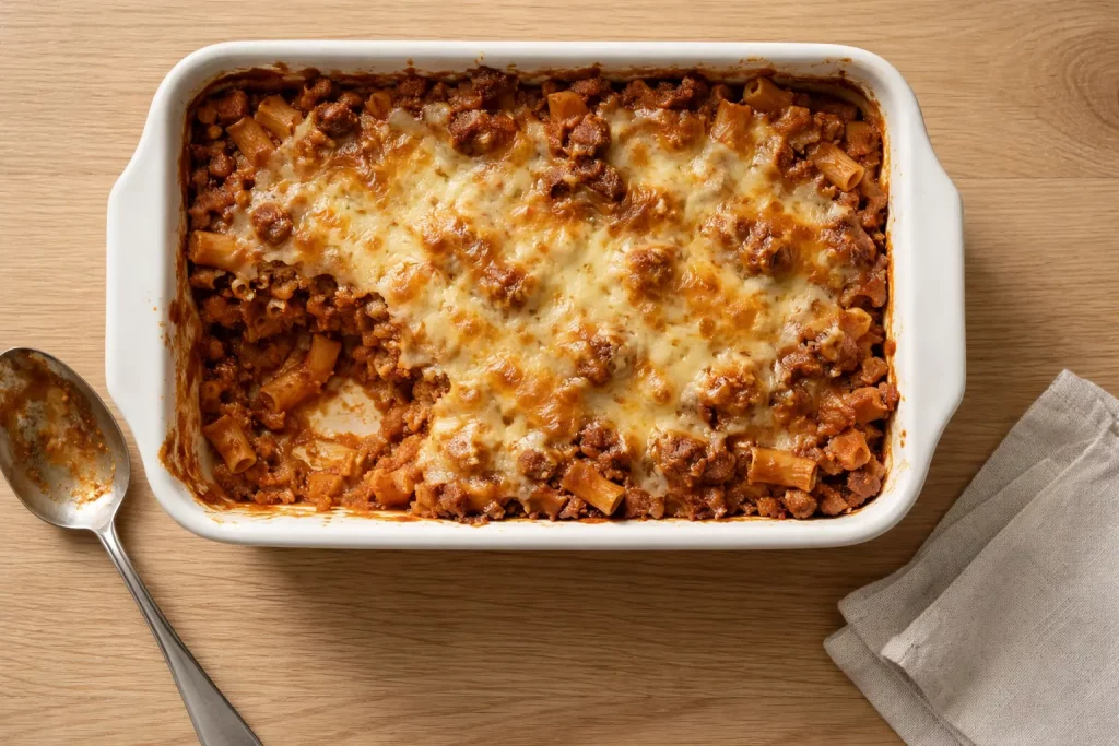 Nudelauflauf mit Hackfleisch und überbackenem Käse in einer Auflaufform