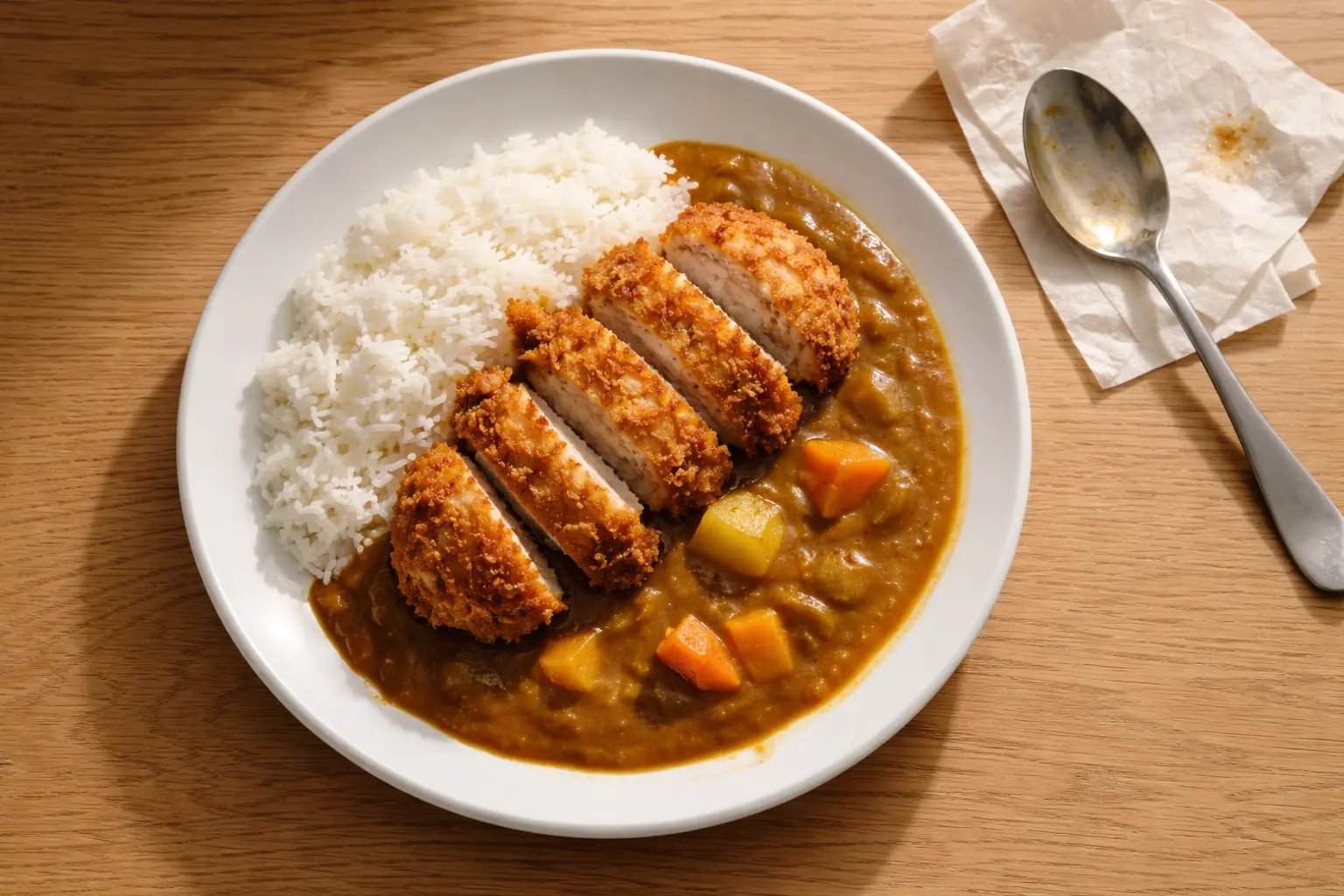 Knuspriges Hähnchenschnitzel mit Currysoße und Reis auf einem Teller