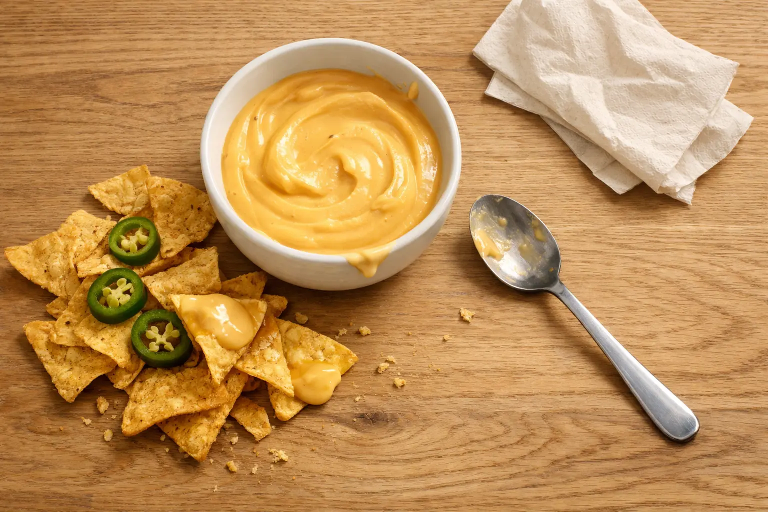 Nachos mit Käse-Dip und Jalapeños auf einem Holztisch serviert
