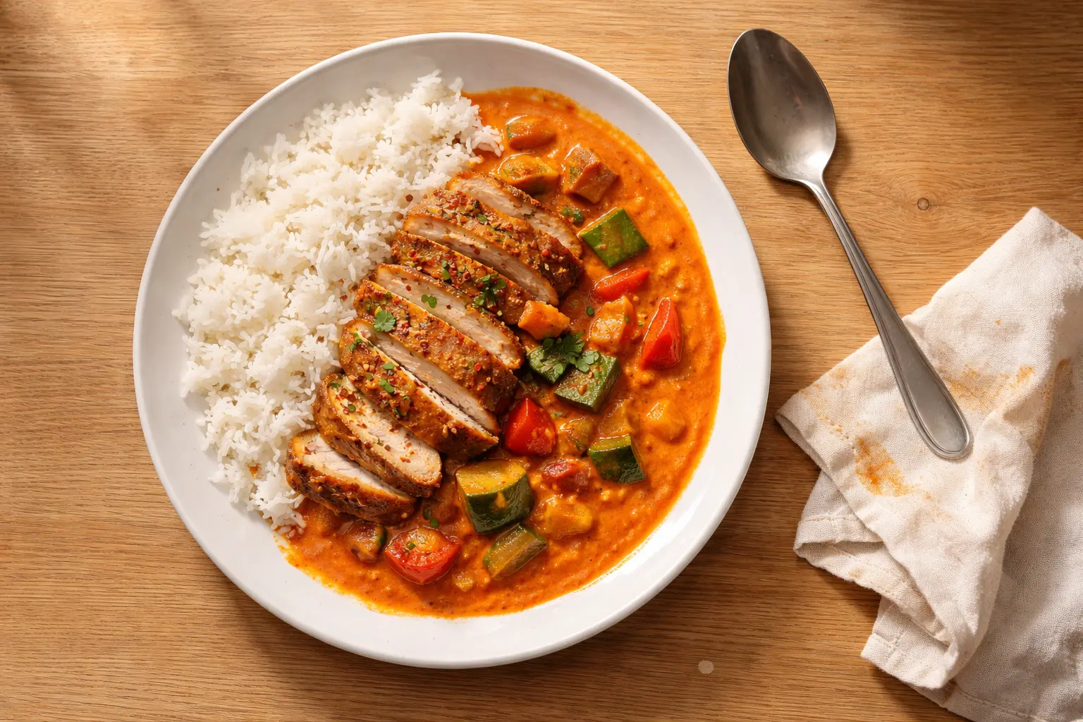 Hähnchen-Thai-Curry mit Gemüse und Reis in cremiger Sauce auf einem Teller