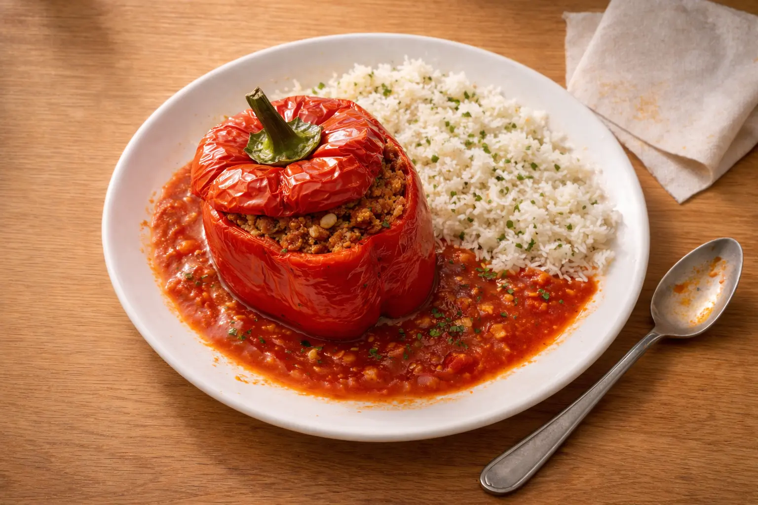 Gefüllte Paprika mit Hackfleisch und Reis in Tomatensauce auf einem Teller