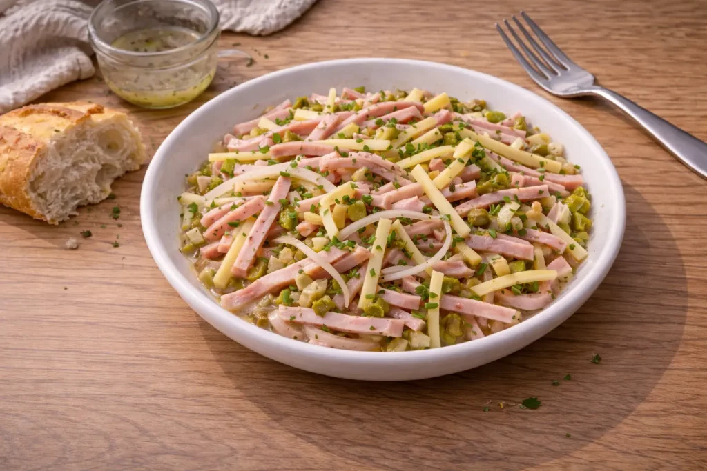 Wurstsalat mit Käse, Zwiebeln und Gewürzgurken in einer Schüssel serviert