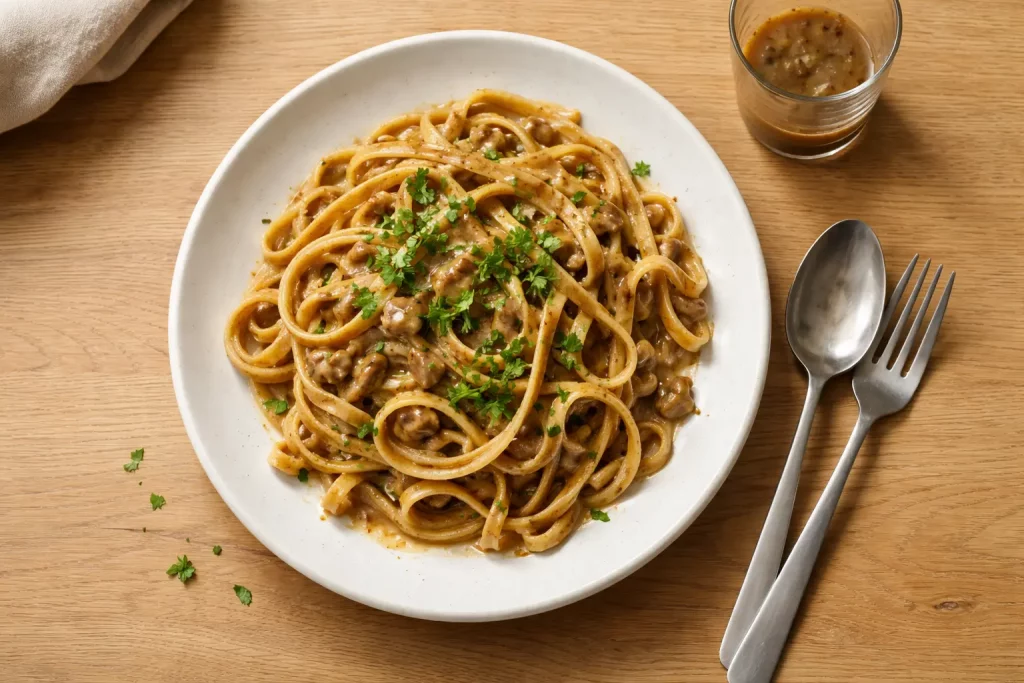 Pasta mit cremiger Pilzsauce und frischen Kräutern auf einem Teller